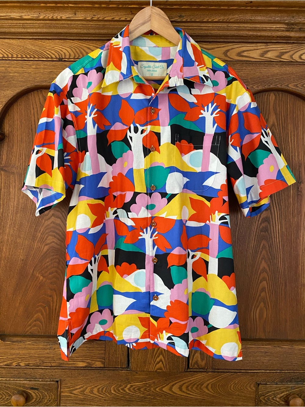 New Sayulita Shirt Co M Ceiba tree colorful print cotton orange blue pink yellow